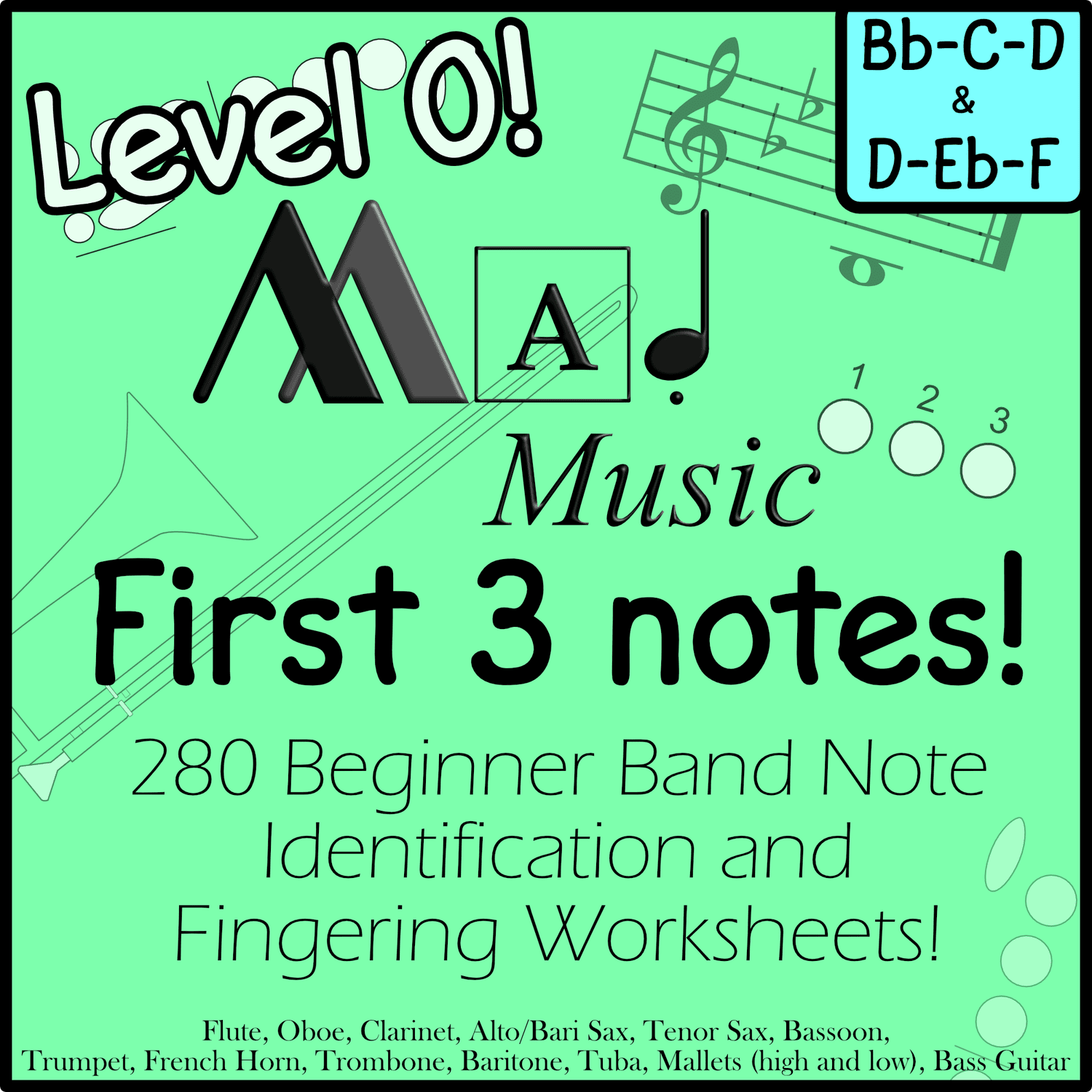 Level 0! Beginner Band "Mad Music":Full Band Bundle! 280 Worksheets w/Fingerings