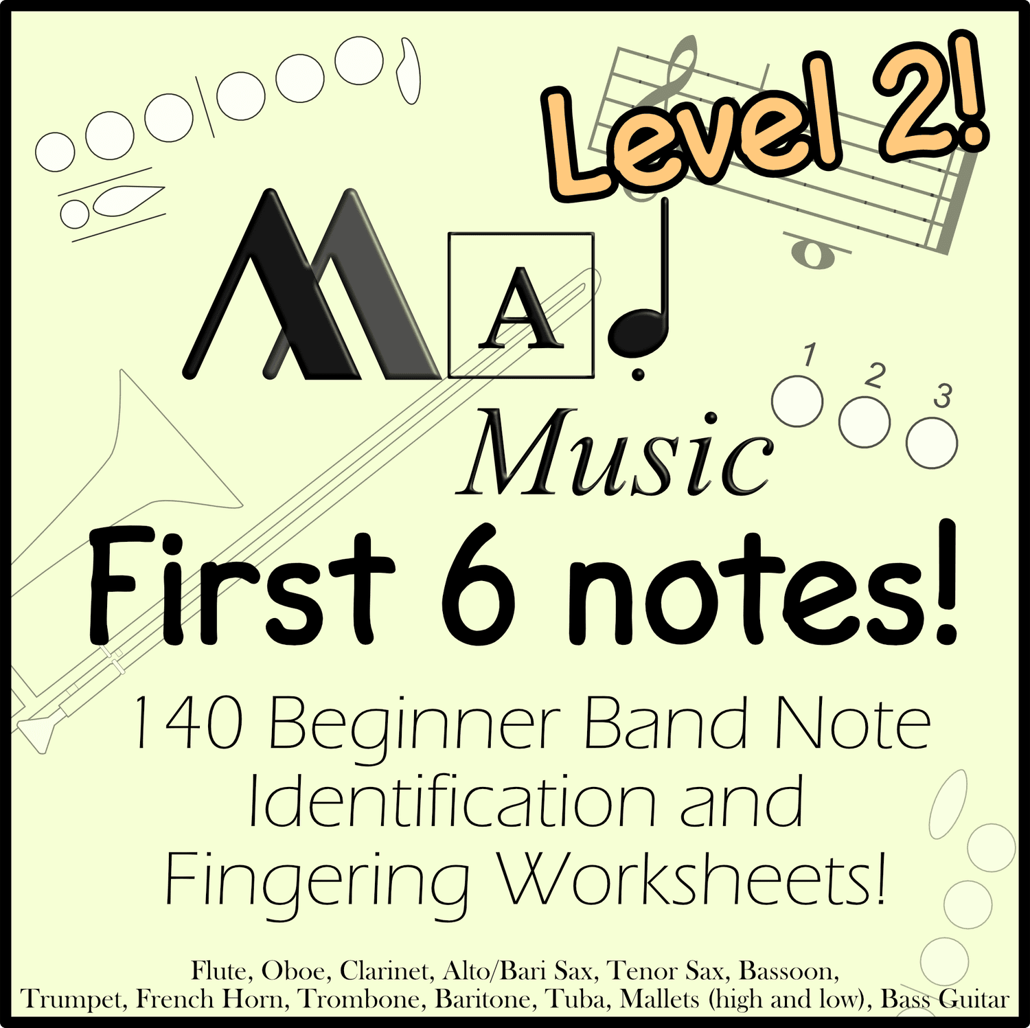 Level 2! Beginner Band "Mad Music":Full Band Bundle! 140 Worksheets w/Fingerings