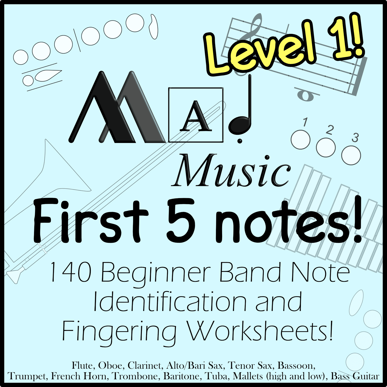 Level 1! Beginner Band "Mad Music":Full Band Bundle! 140 Worksheets w/Fingerings